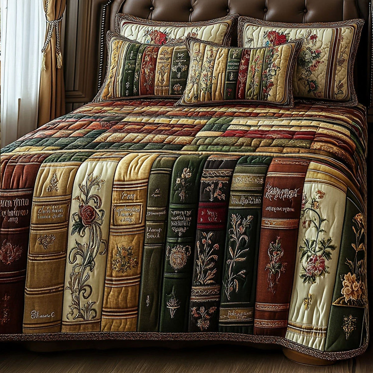 Bound in Beauty quilted 3-piece bedding set on a made bed with two matching pillow shams