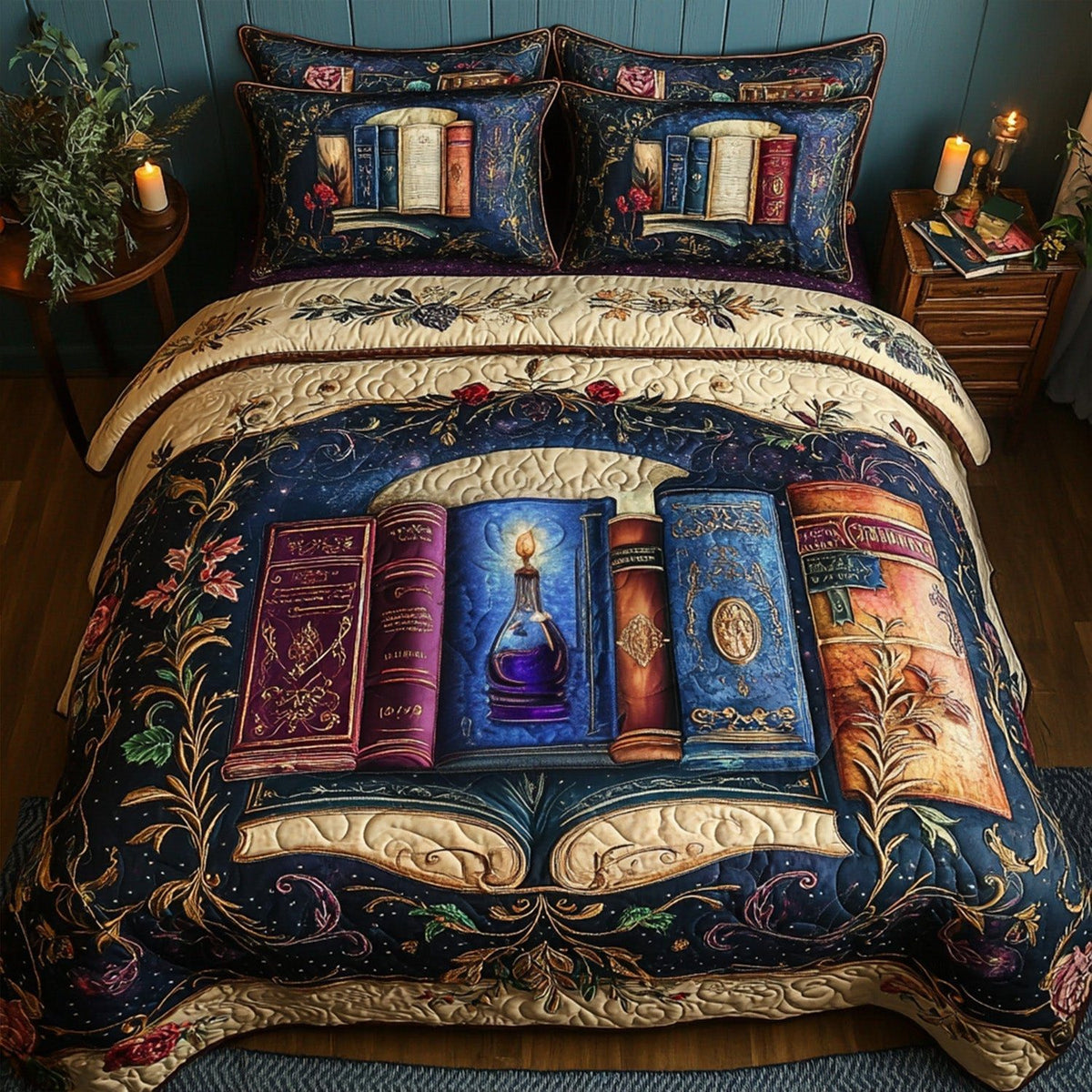 Bound Treasures quilted 3-piece bedding set on a made bed with two matching pillow shams