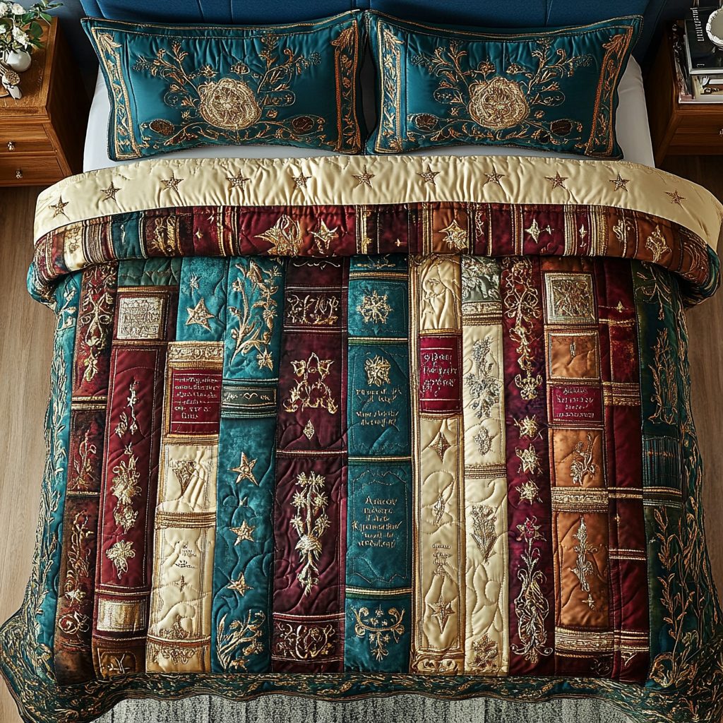Boundless Stories quilted 3-piece bedding set on a made bed with two matching pillow shams