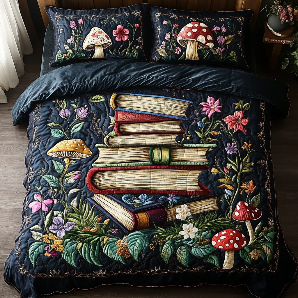 Boundless Tales quilted 3-piece bedding set on a made bed with two matching pillow shams