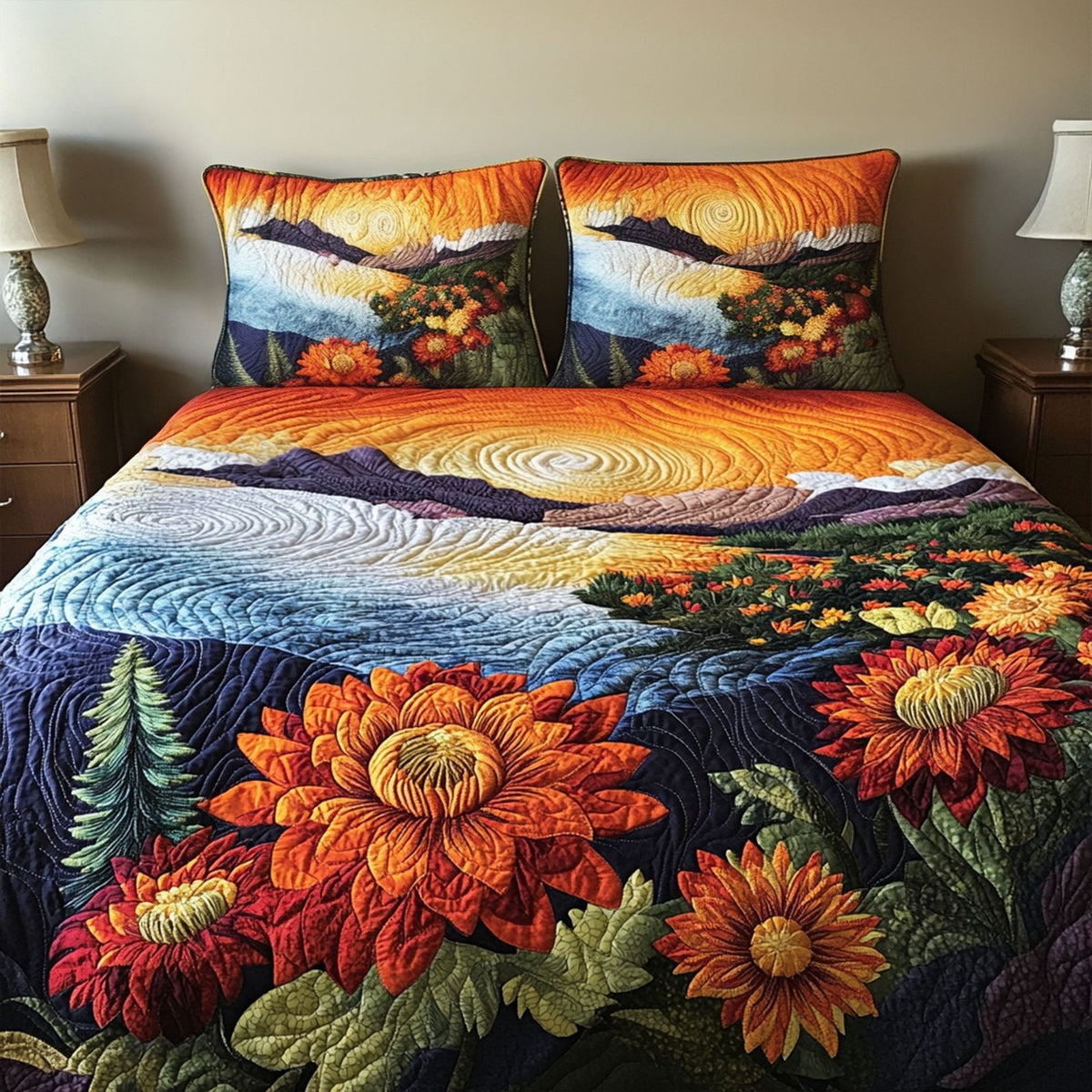 Bountiful Harvest quilted 3-piece bedding set on a made bed with two matching pillow shams