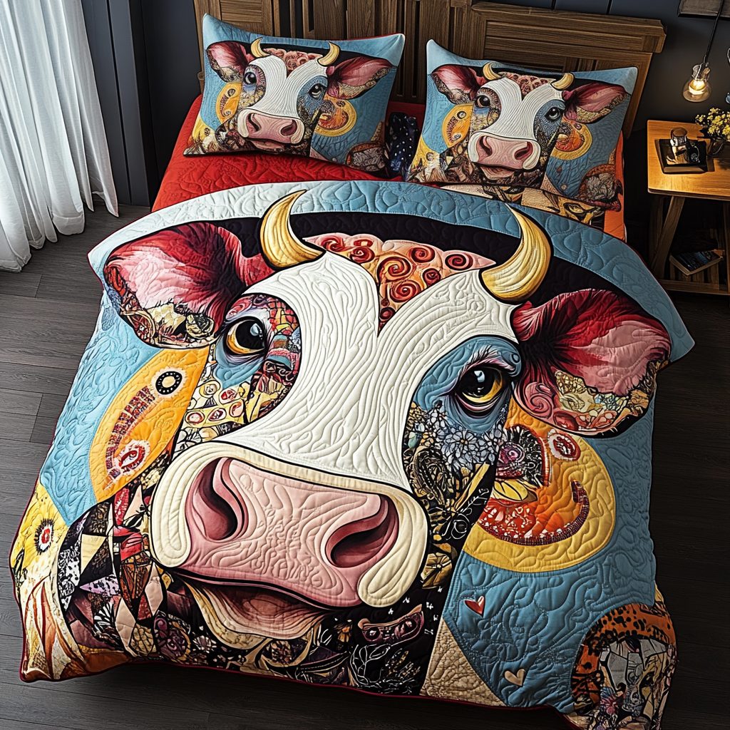 Bovine Beauty quilted 3-piece bedding set on a made bed with two matching pillow shams