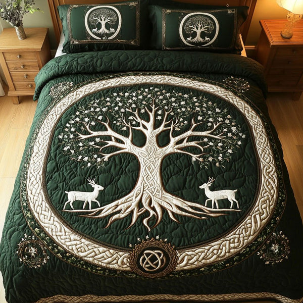 Branch of Eternity quilted 3-piece bedding set on a made bed in a rustic timber bedroom