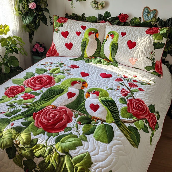 Branch of Love quilted 3-piece bedding set on a made bed in a rustic timber bedroom