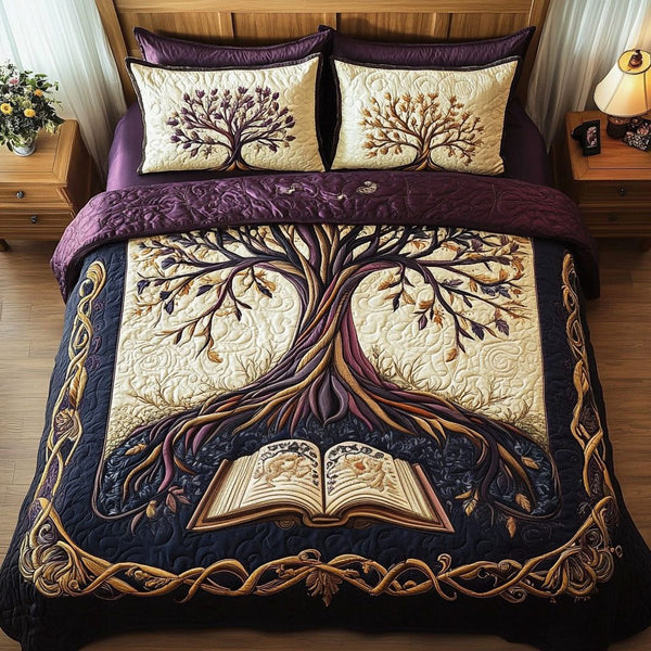 Branches of Enlightenment quilted 3-piece bedding set on a made bed in a rustic timber bedroom