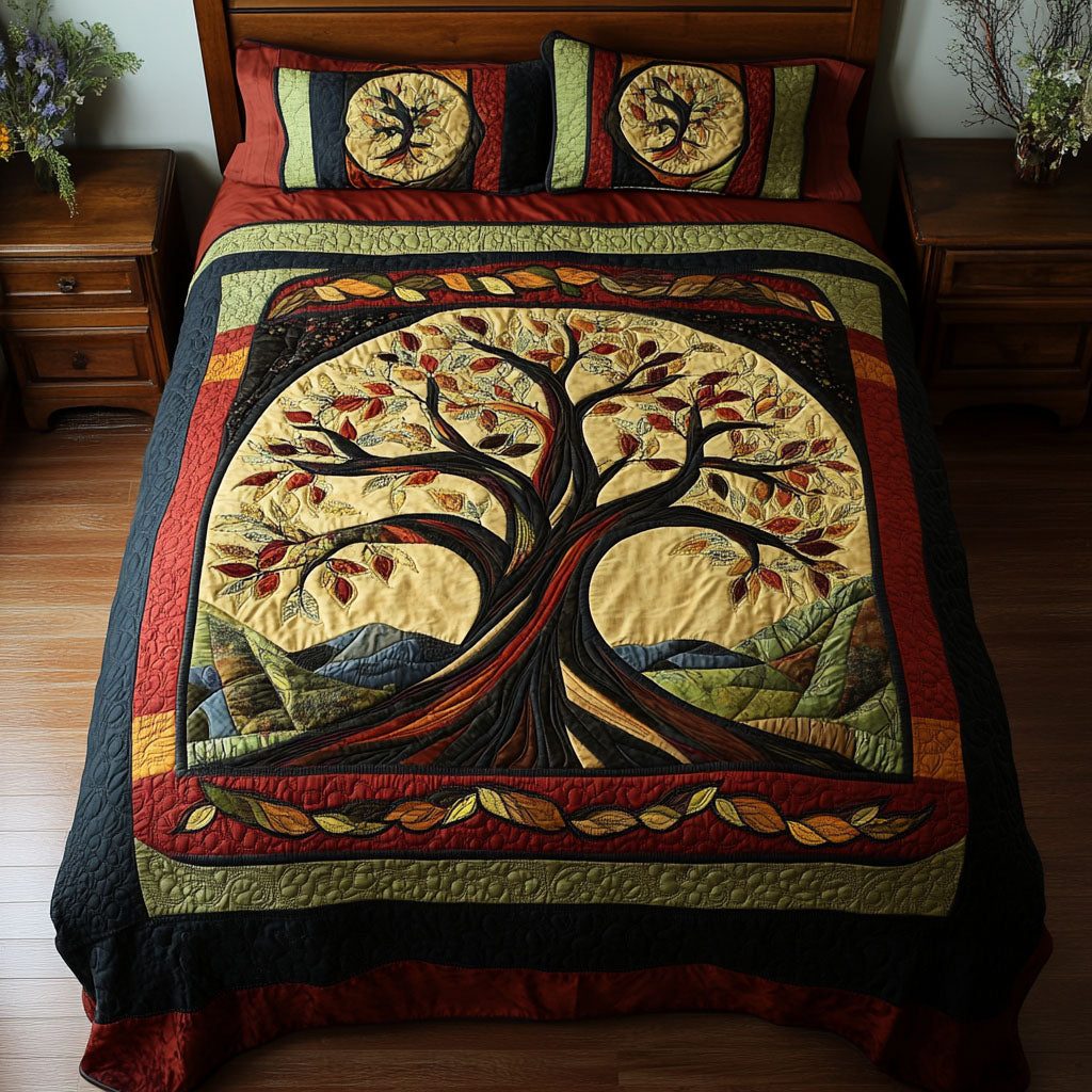 Branches of Legacy quilted 3-piece bedding set on a made bed in a rustic timber bedroom