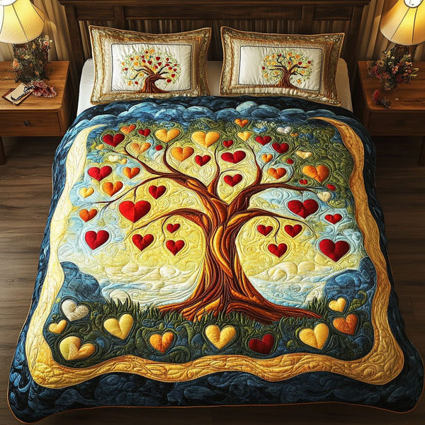 Branching Hearts quilted 3-piece bedding set on a made bed in a rustic timber bedroom