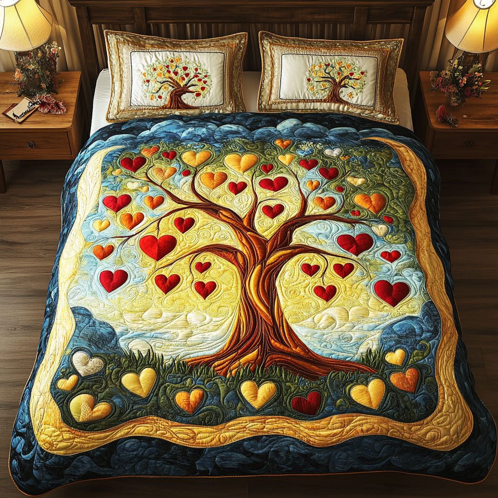Branching Hearts quilted 3-piece bedding set on a made bed in a rustic timber bedroom
