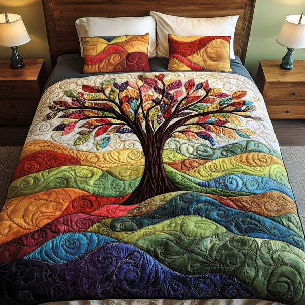 Branching Hope quilted 3-piece bedding set on a made bed in a rustic timber bedroom