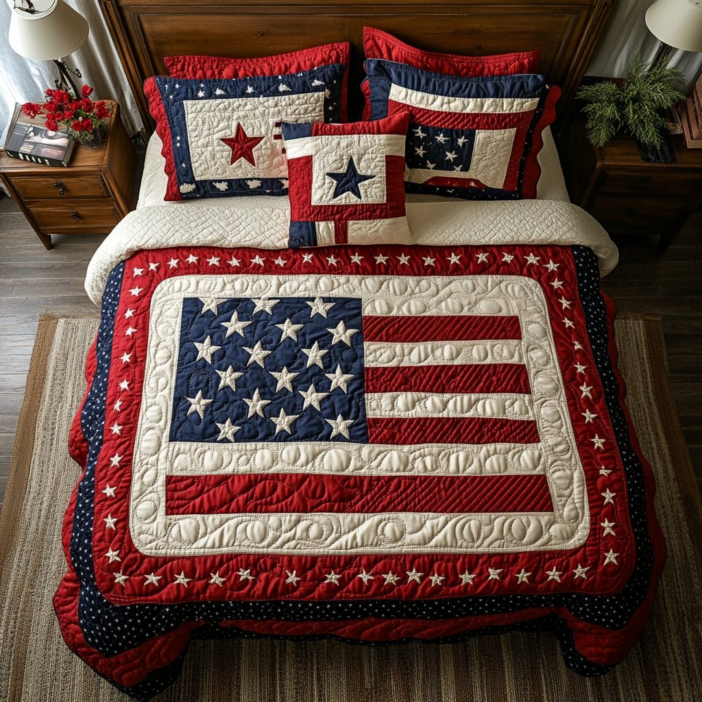Brave Cover quilted 3-piece bedding set on a made bed with two matching pillow shams