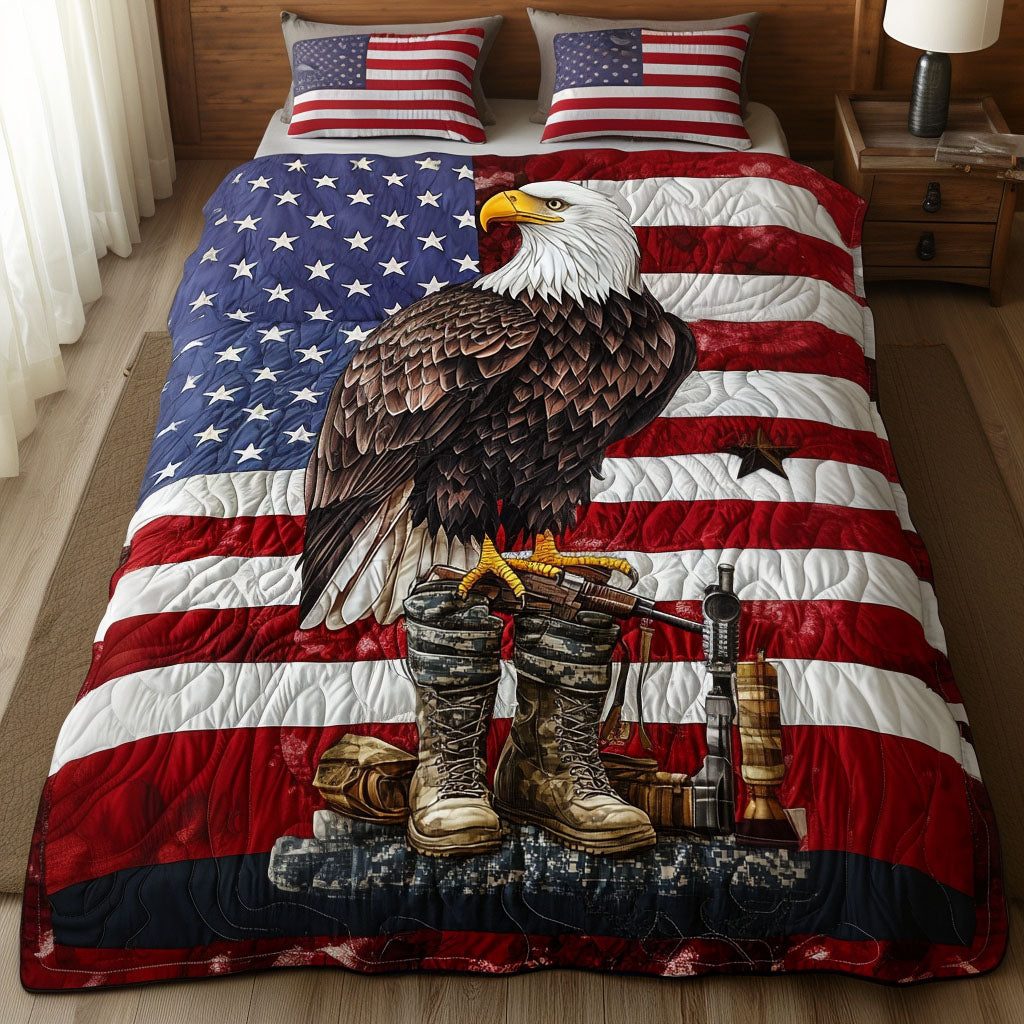 Brave Frontier quilted 3-piece bedding set on a made bed in a rustic timber bedroom