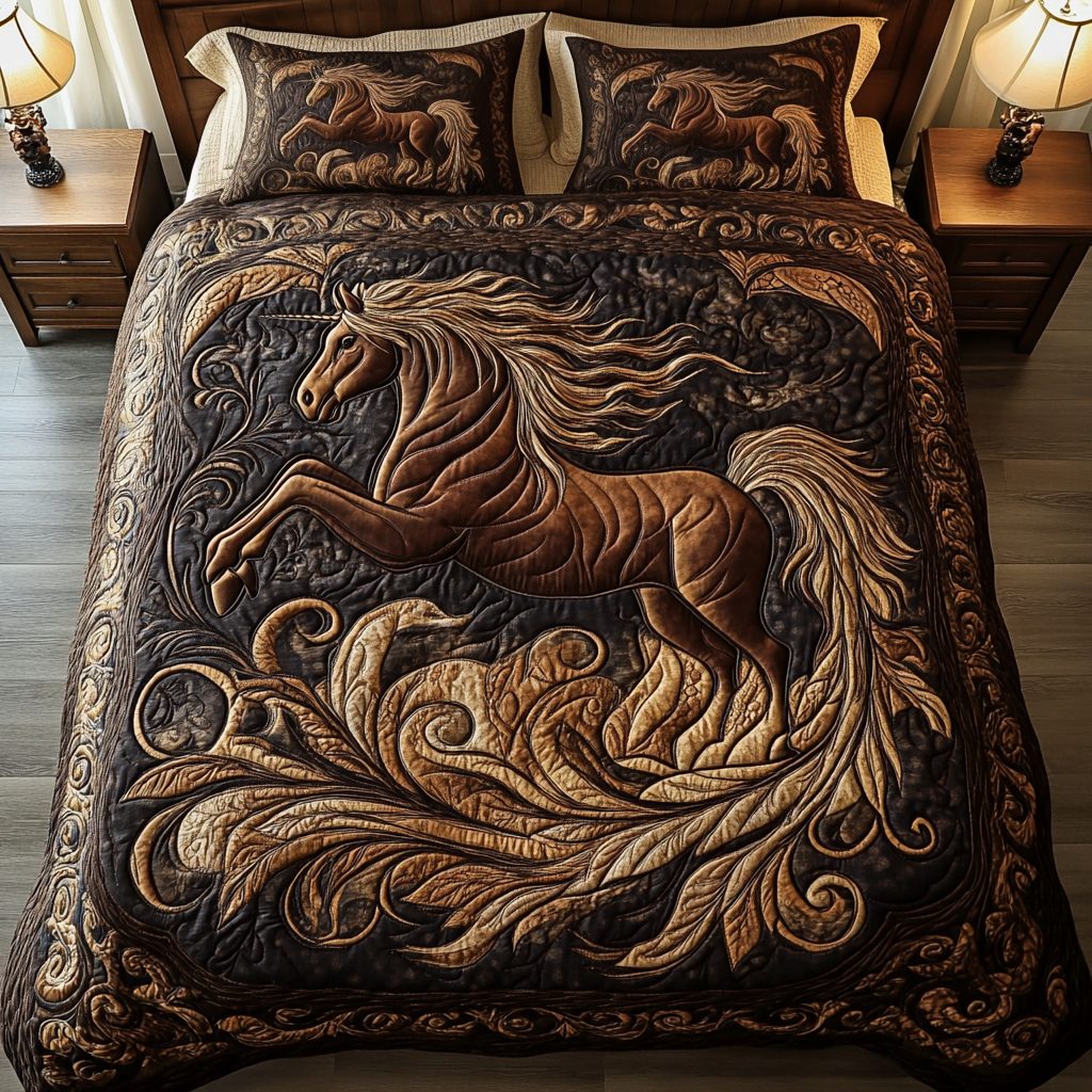 Brave Hooves quilted 3-piece bedding set on a made bed with two matching pillow shams