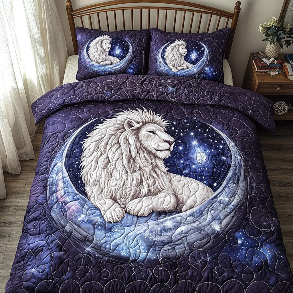 Brave Lion quilted 3-piece bedding set on a made bed with two matching pillow shams