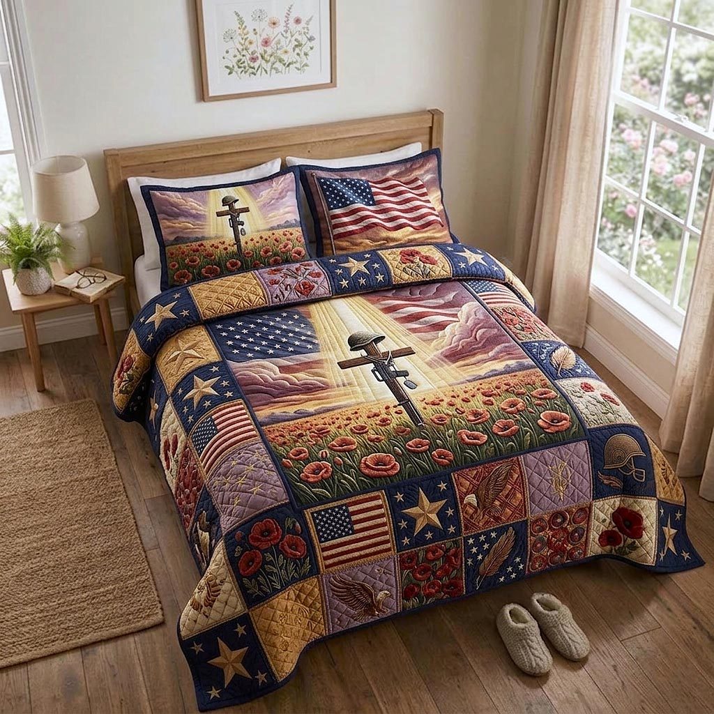 Brave Souls quilted 3-piece bedding set on a made bed with two matching pillow shams