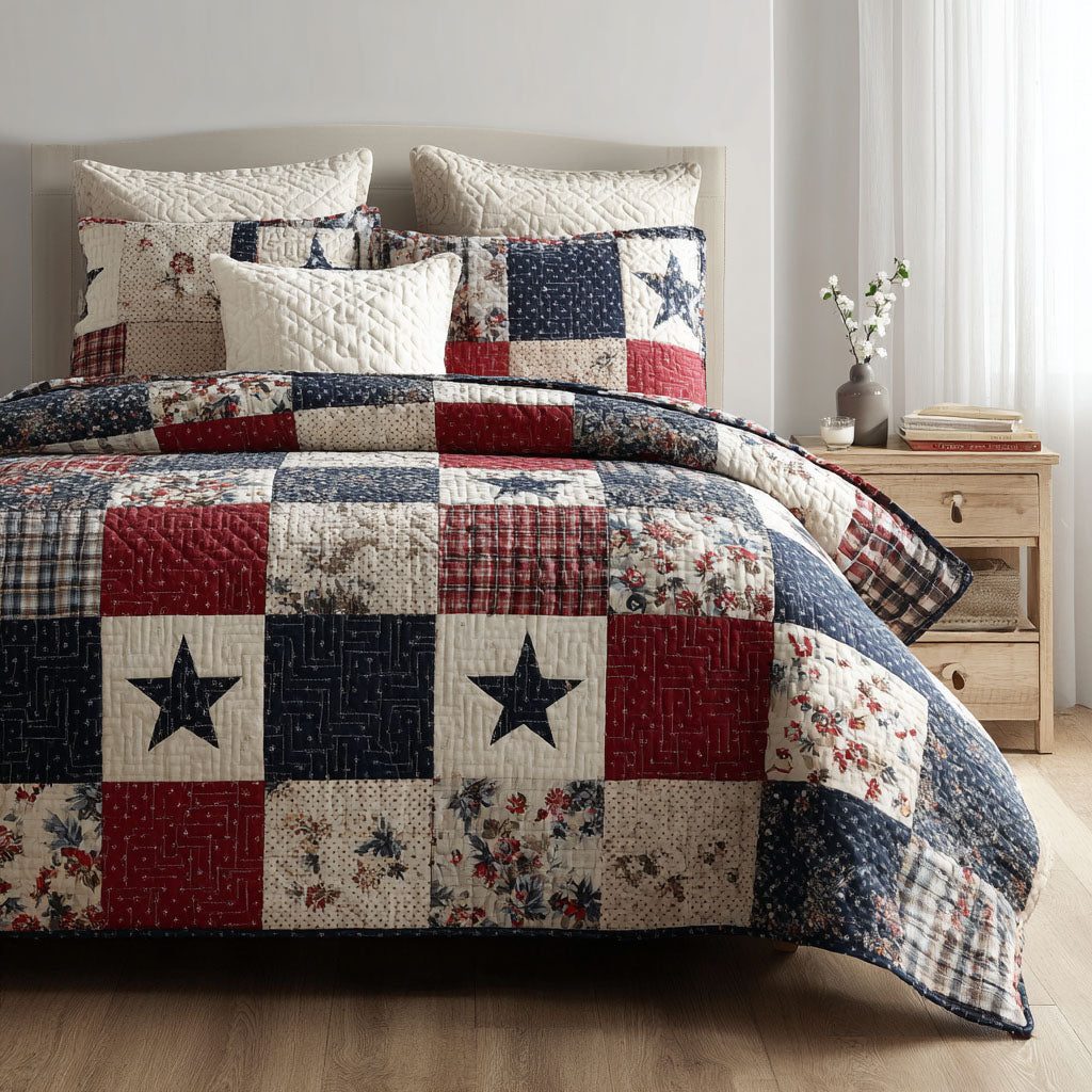 Brave Star quilted 3-piece bedding set on a made bed with two matching pillow shams
