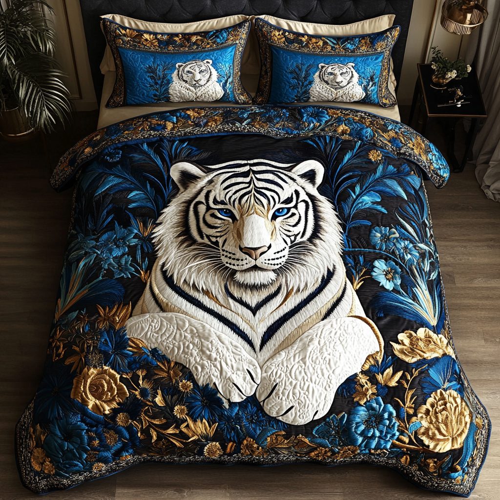 Brave Tiger quilted 3-piece bedding set on a made bed with two matching pillow shams