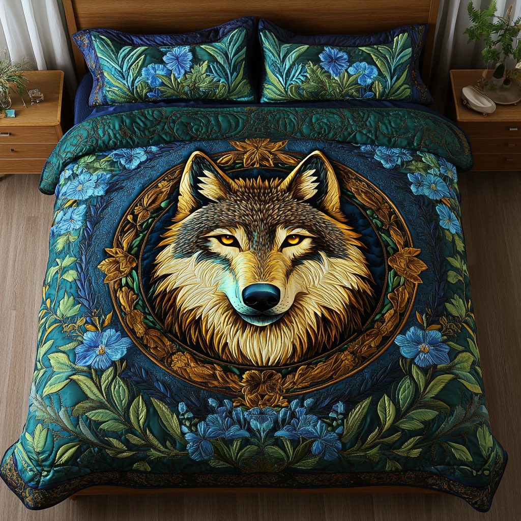 Brave Wolf quilted 3-piece bedding set on a made bed with two matching pillow shams