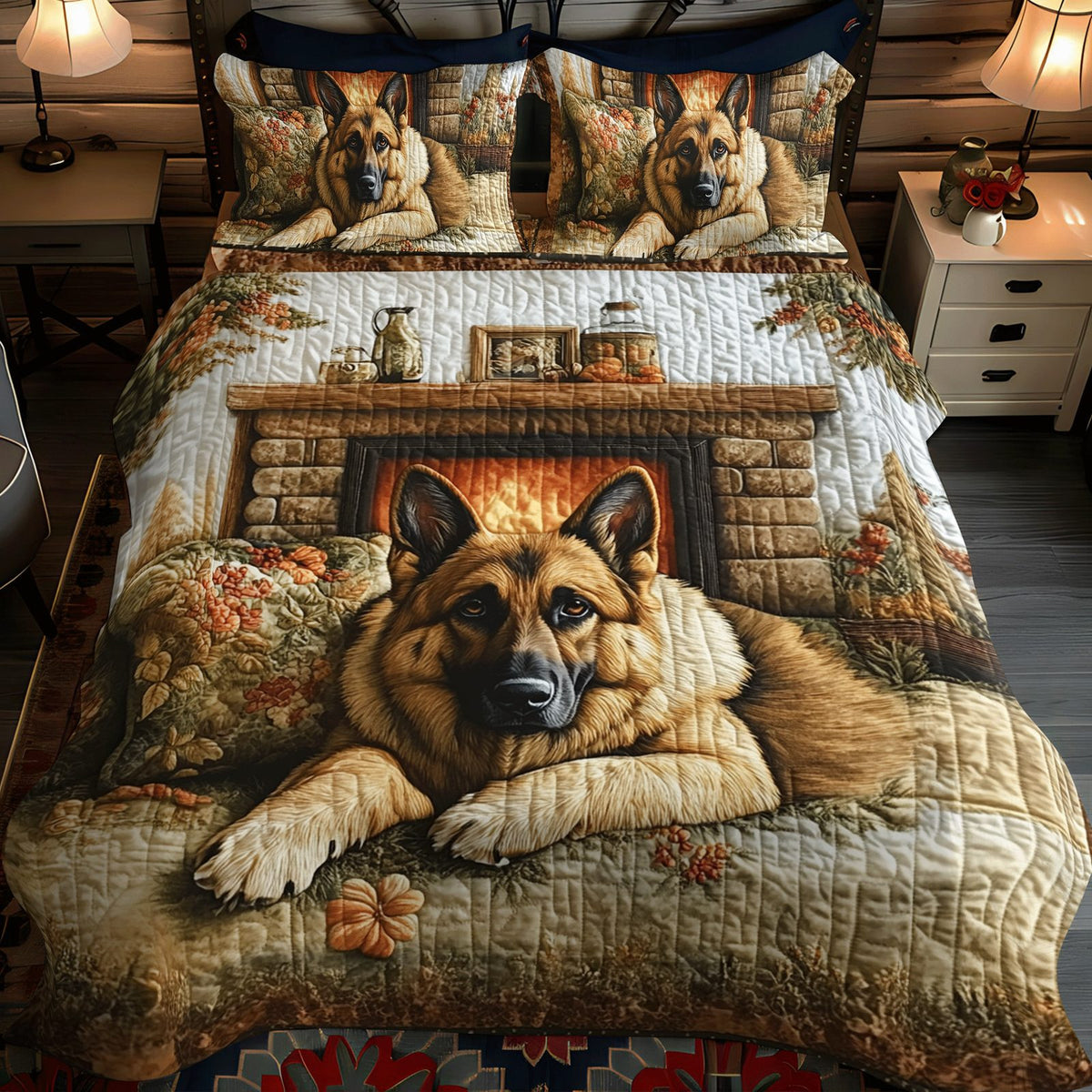 Braveheart Pup quilted 3-piece bedding set on a made bed with two matching pillow shams