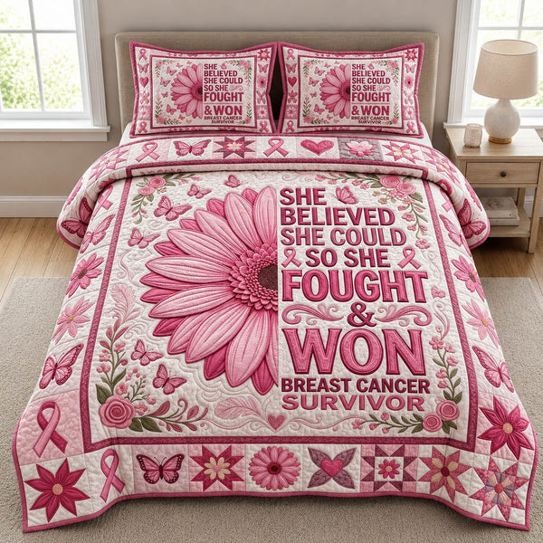 Breast Cancer Survivor quilted 3-piece bedding set on a made bed with two matching pillow shams