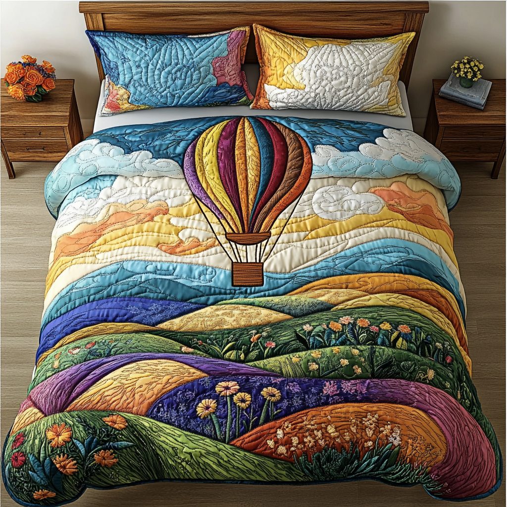 Breezy Ascent quilted 3-piece bedding set on a made bed with two matching pillow shams