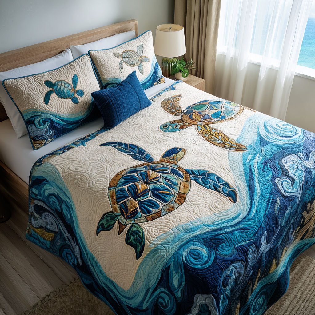 Breezy Waters quilted 3-piece bedding set on a made bed with two matching pillow shams
