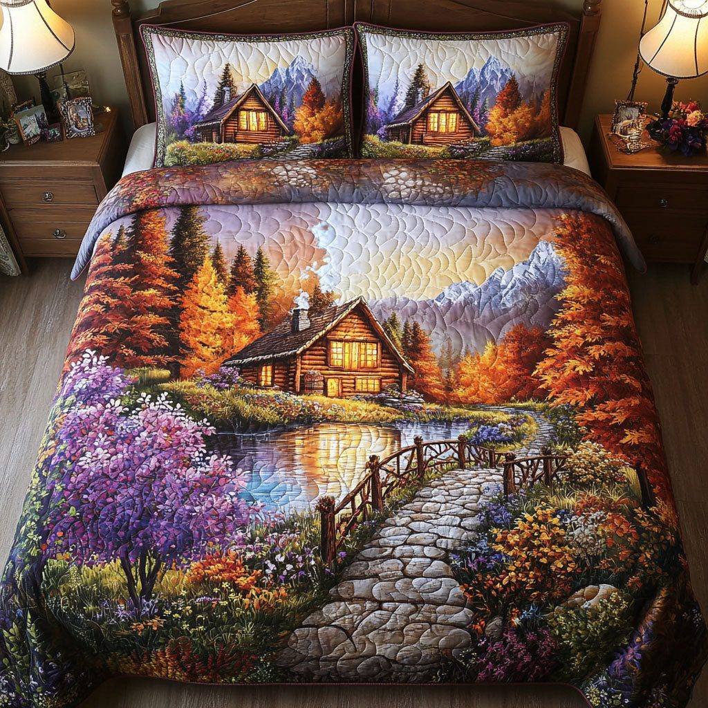 Bridge to Cabin quilted 3-piece bedding set on a made bed with two matching pillow shams