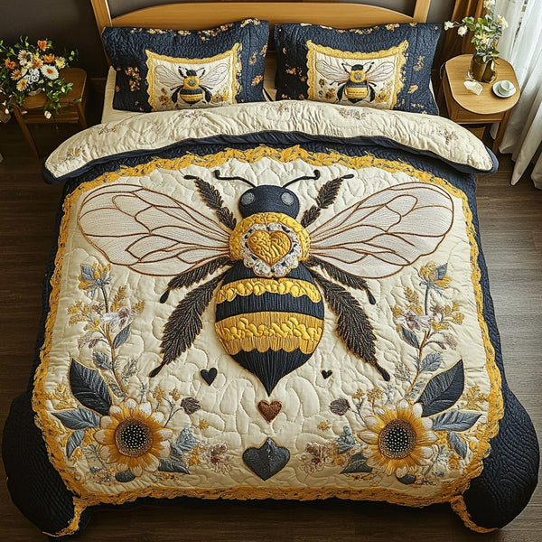 Bright Bee quilted 3-piece bedding set on a made bed with two matching pillow shams
