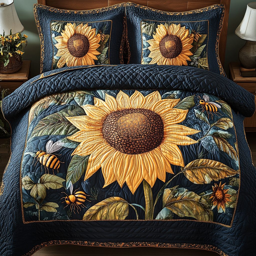 Bright Blossom quilted 3-piece bedding set on a made bed with two matching pillow shams