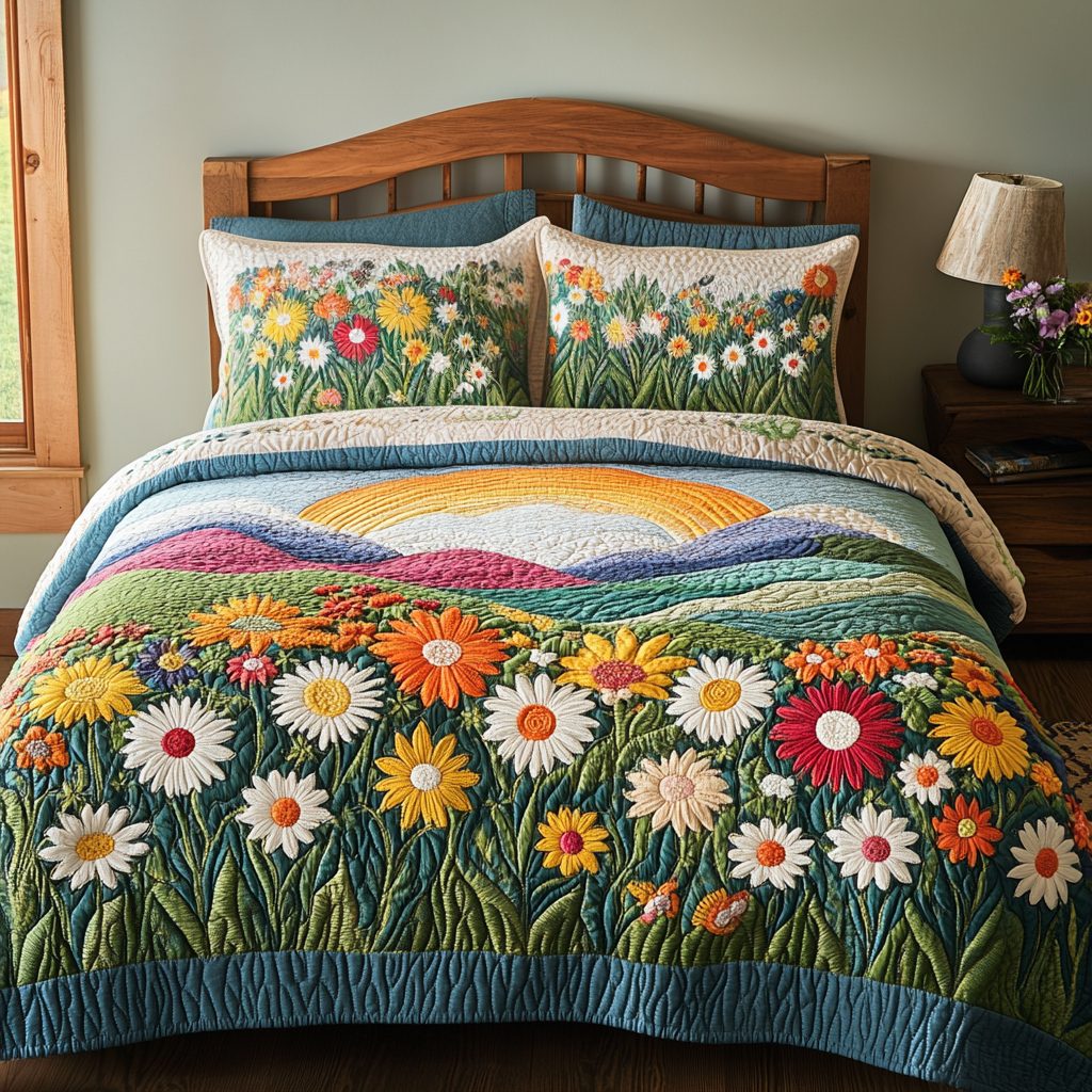 Bright Blossoms quilted 3-piece bedding set on a made bed with two matching pillow shams