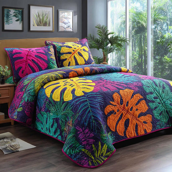 Bright Botanicals quilted 3-piece bedding set on a made bed with two matching pillow shams