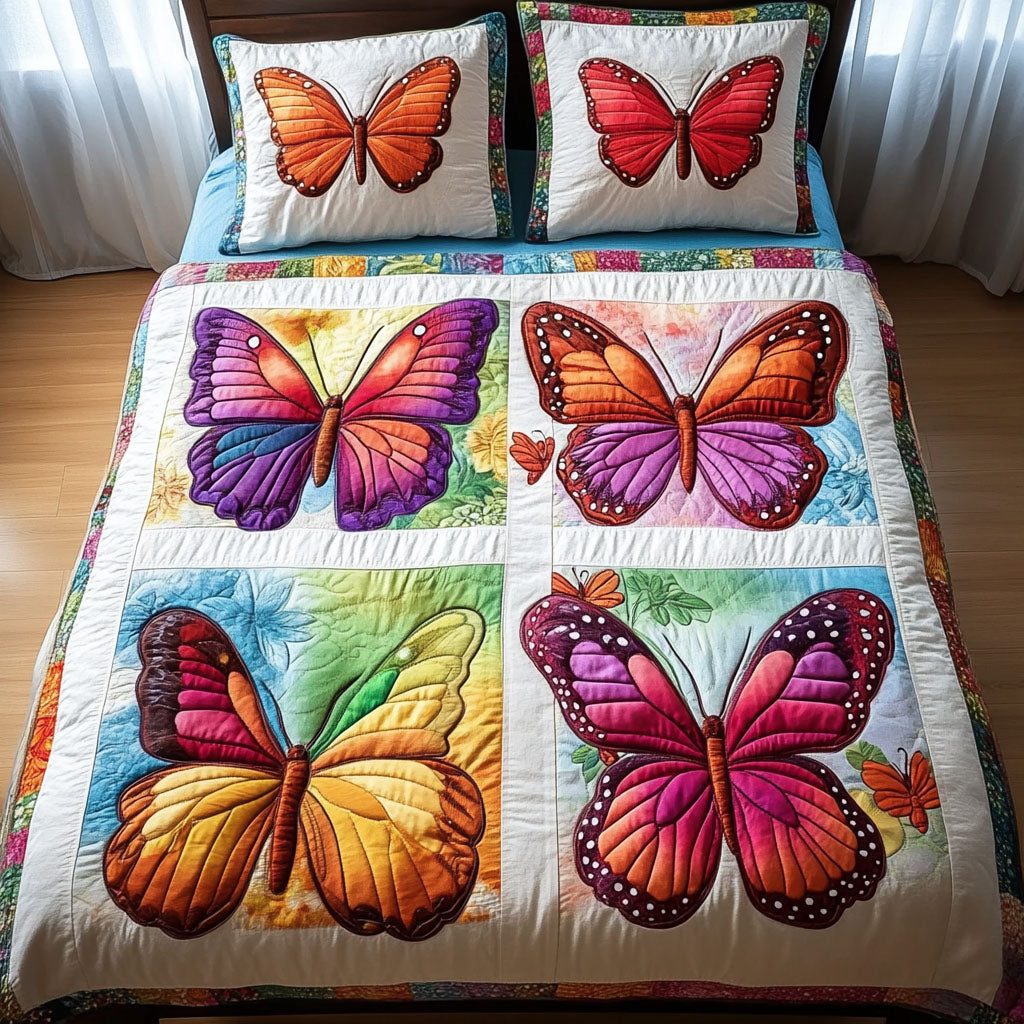 Bright Butterfly Patchwork quilted 3-piece bedding set on a made bed in a farmhouse bedroom