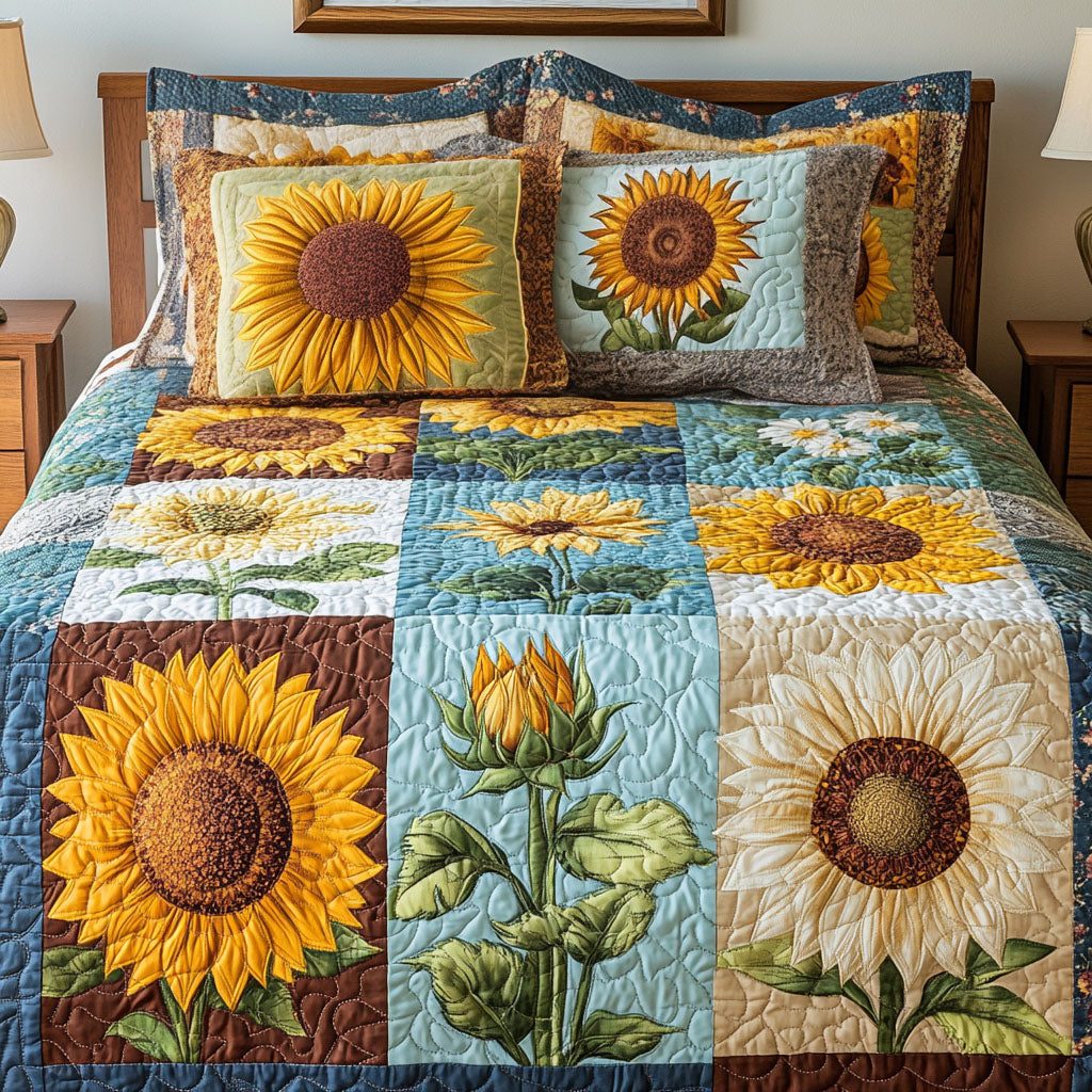 Bright Fields quilted 3-piece bedding set on a made bed with two matching pillow shams