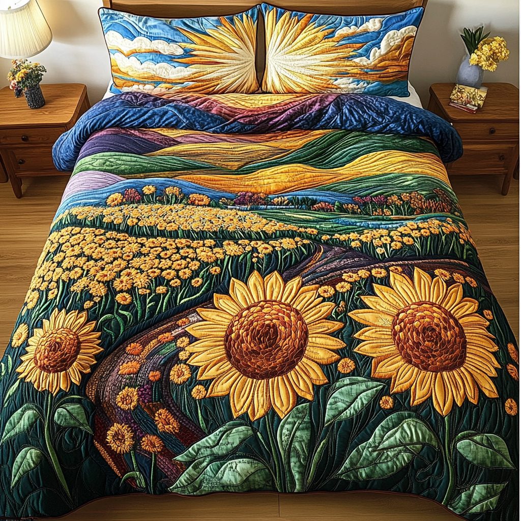 Bright Horizon quilted 3-piece bedding set on a made bed with two matching pillow shams