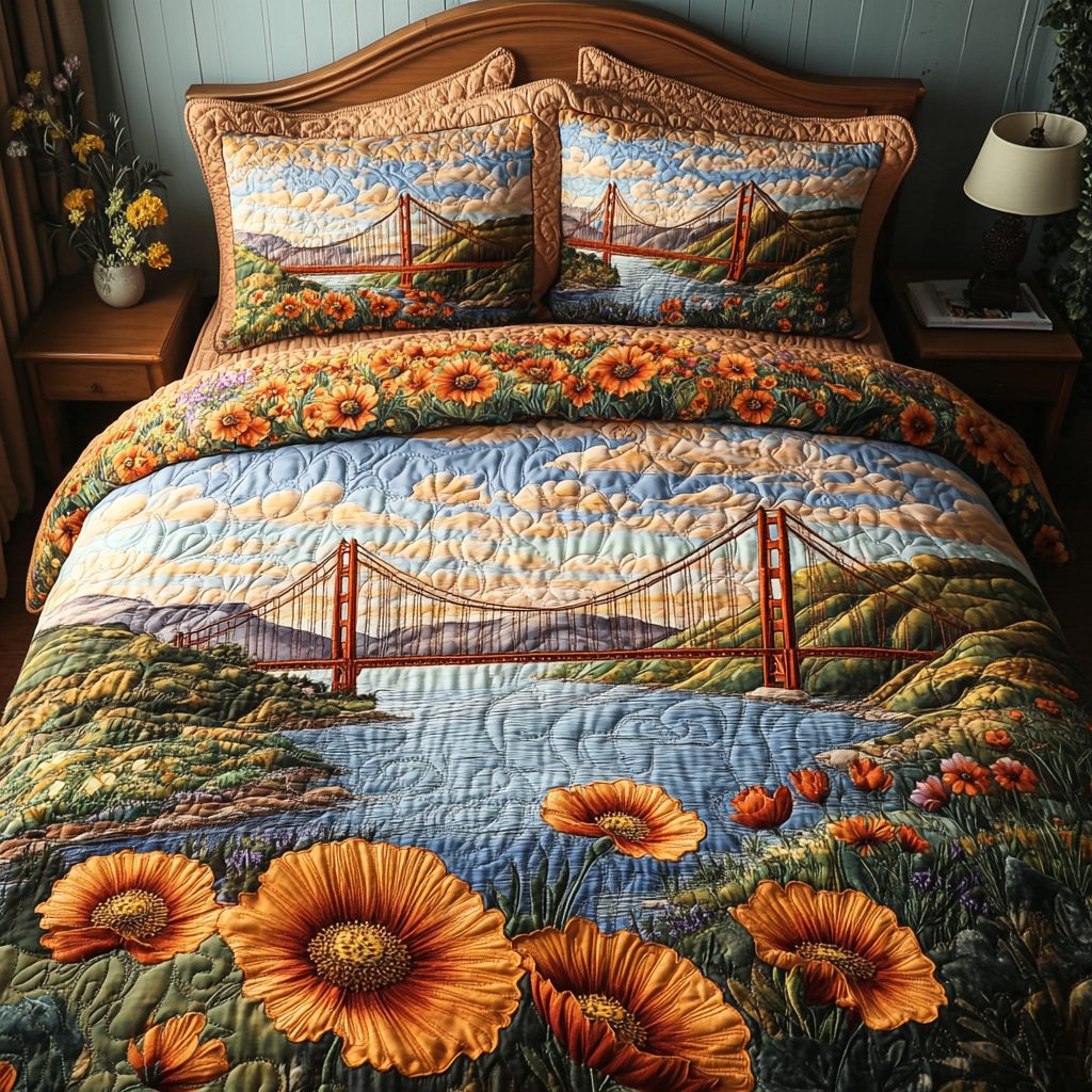 Bright Horizons quilted 3-piece bedding set on a made bed with two matching pillow shams