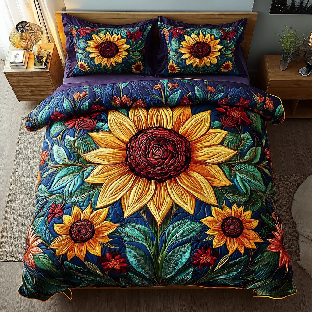 Bright Petals quilted 3-piece bedding set on a made bed with two matching pillow shams