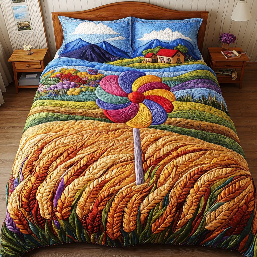 Bright Pinwheel quilted 3-piece bedding set on a made bed with two matching pillow shams