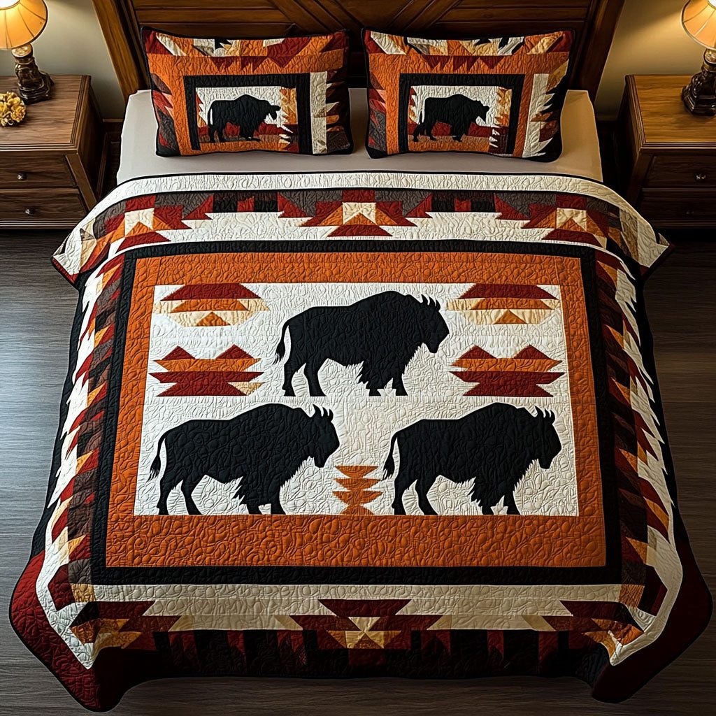 Bronco Blaze quilted 3-piece bedding set on a made bed in a rustic timber bedroom