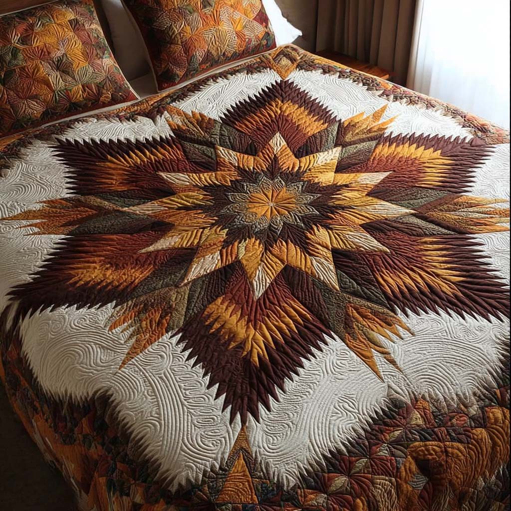 Bronze Star Path quilted 3-piece bedding set on a made bed with two matching pillow shams