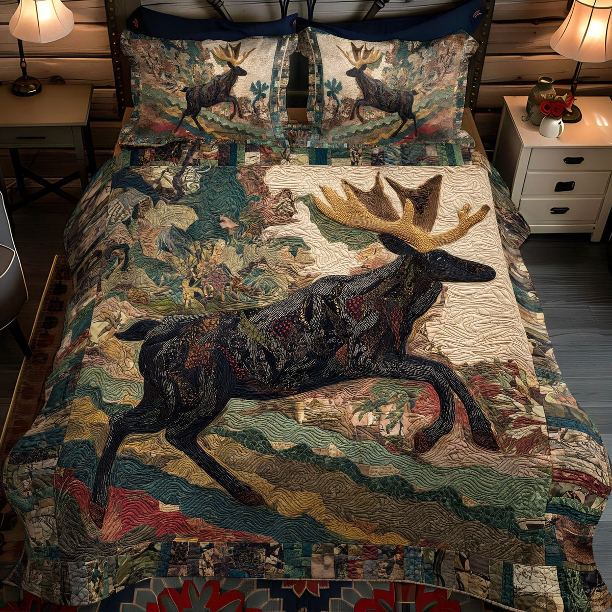 Buck Run quilted 3-piece bedding set on a made bed with two matching pillow shams