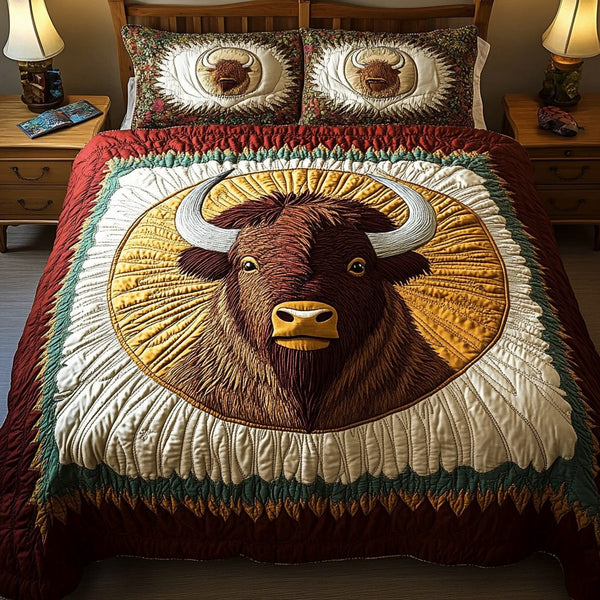 Buffalo Dreams quilted 3-piece bedding set on a made bed in a rustic timber bedroom