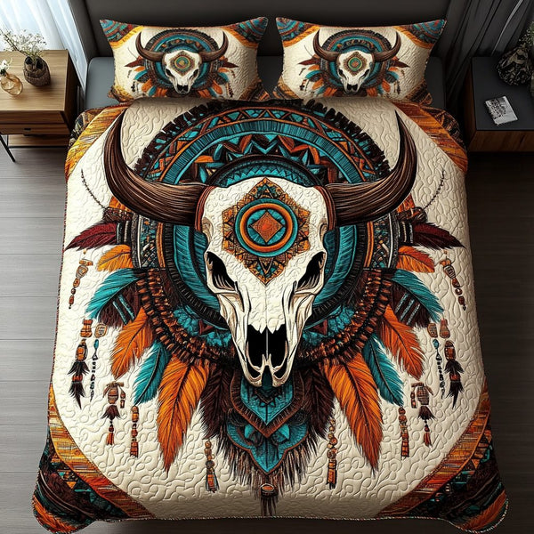 Buffalo Heritage quilted 3-piece bedding set on a made bed in a rustic timber bedroom
