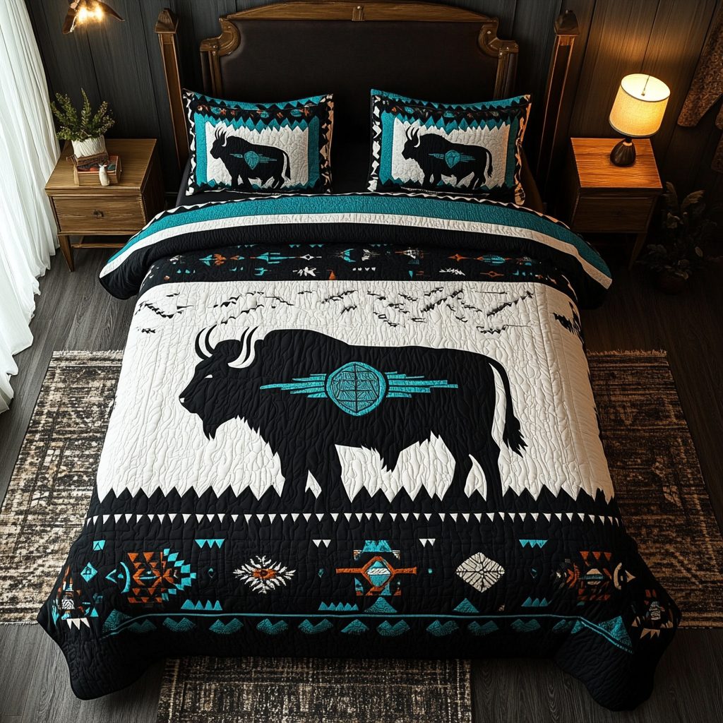 Buffalo Horizon quilted 3-piece bedding set on a made bed in a rustic timber bedroom