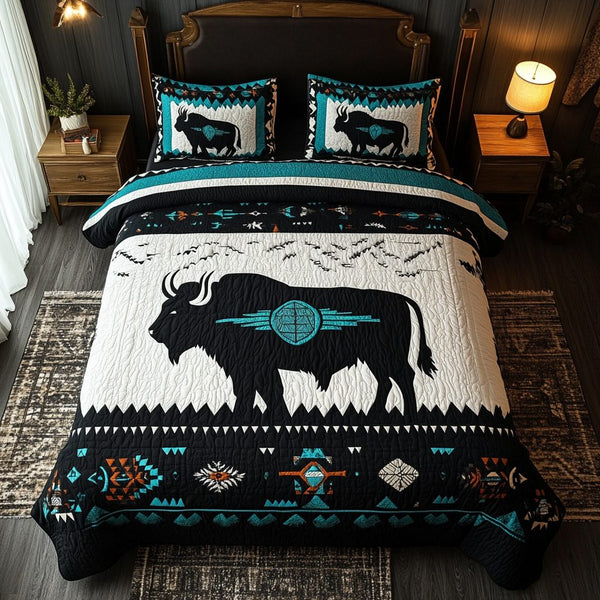 Buffalo Horizon quilted 3-piece bedding set on a made bed in a rustic timber bedroom