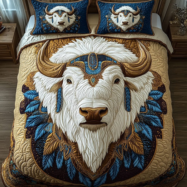 Buffalo Horizon quilted 3-piece bedding set on a made bed in a rustic timber bedroom