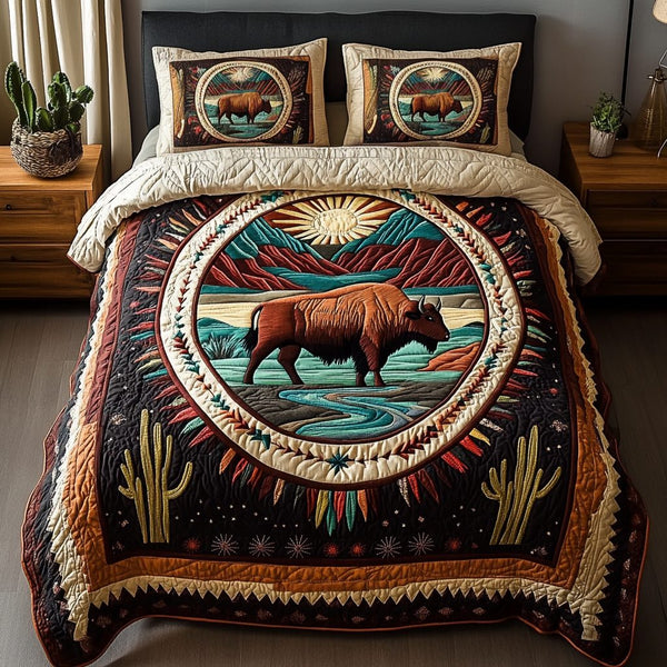 Buffalo Horizon quilted 3-piece bedding set on a made bed in a rustic timber bedroom