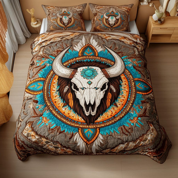 Buffalo Legacy quilted 3-piece bedding set on a made bed in a rustic timber bedroom