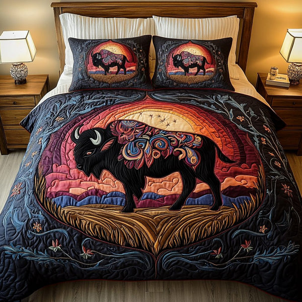 Buffalo Legend quilted 3-piece bedding set on a made bed in a rustic timber bedroom