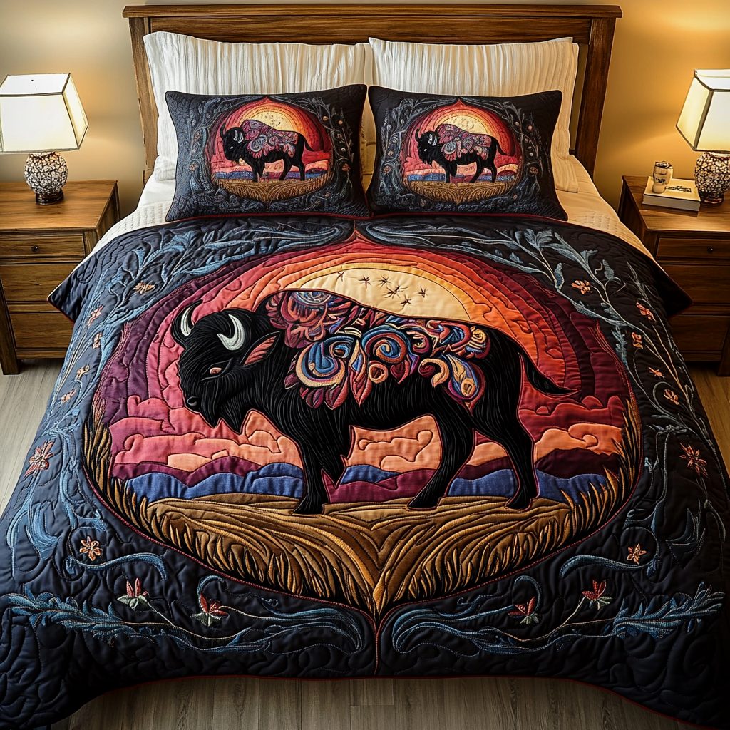 Buffalo Legend quilted 3-piece bedding set on a made bed in a rustic timber bedroom