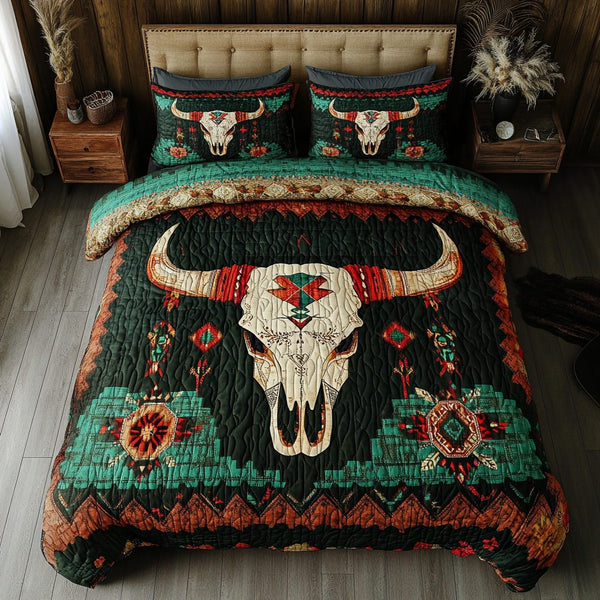 Buffalo Spirit quilted 3-piece bedding set on a made bed in a rustic timber bedroom