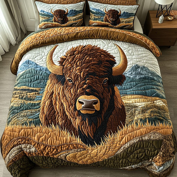 Buffalo Spirit quilted 3-piece bedding set on a made bed in a rustic timber bedroom